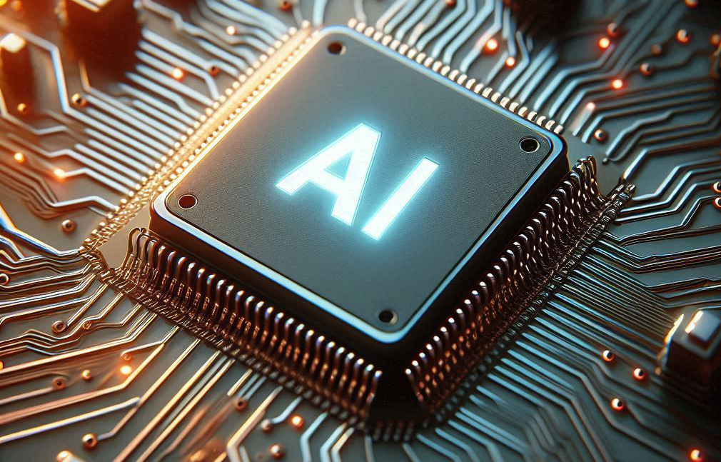 An AI chip on a bed of circuitry with the letters