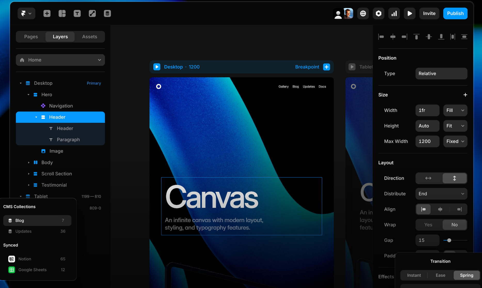 A screenshot showing the Framer drag-and-drop visual interface, blue and grey user interface with dropdowns and other widgets and components