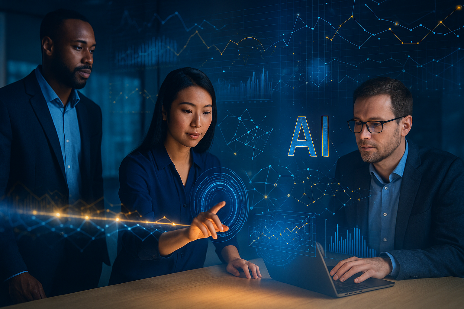Professionals collaborating with holographic data visualizations represent IBM’s AI strategy to operationalize intelligence across the enterprise.